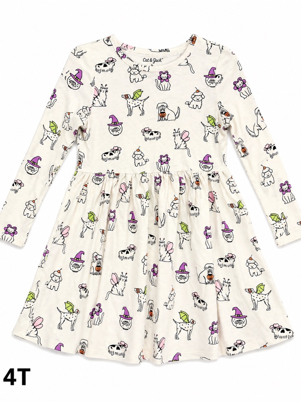 Cat & Jack Cream Long-Sleeve Girls' Dog Print Dress - 4T